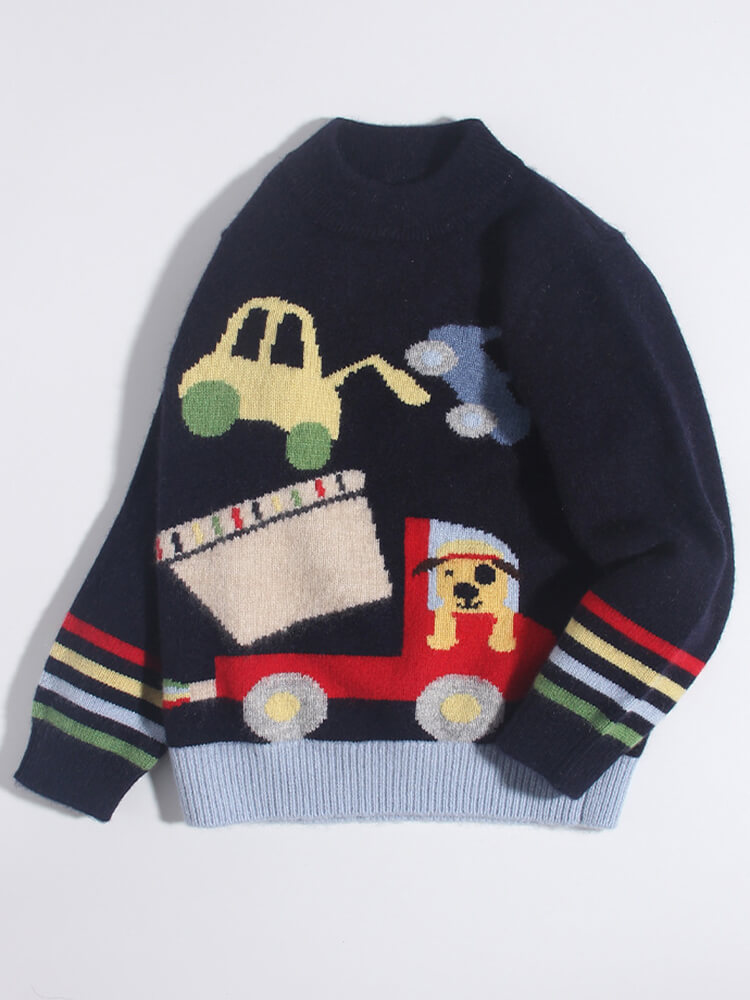 Kids Fun Vehicle Knit Pullover Cashmere Crew Neck Sweater